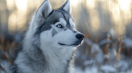 Naklejka premium Close up of a Siberian Husky dog with blue eyes in a snowy winter forest du daylight, showing detailed fur coat and alert expression with background trees