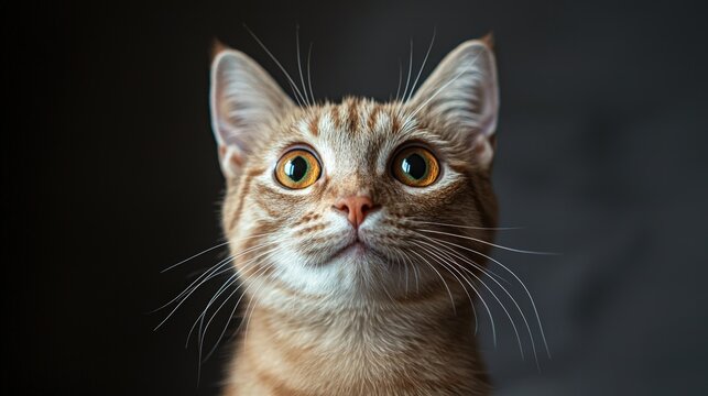 Close-up of a curious brown tabby cat with large yellow eyes and alert expression against a dark background emphasizing feline facial details