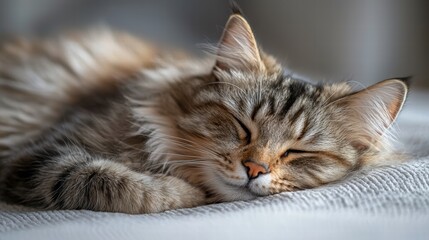 Close-up of a peacefully sleeping long-haired tabby cat resting on a soft surface with detailed fur and serene expression, natural indoor lighting, cozy ambiance