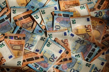 Des billets de 20 euros et de 50 euros éclairés par le soleil	