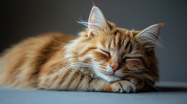 Close-up of a peacefully sleeping ginger tabby cat resting on a flat surface with a calm background, highlighting its soft fur, relaxed posture, and tranquil expression - Powered by Adobe