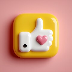 3D Rendering 3D thumbs-up icon with a heart on a yellow background, symbolizing positivity and approval. Sosial media style icon
