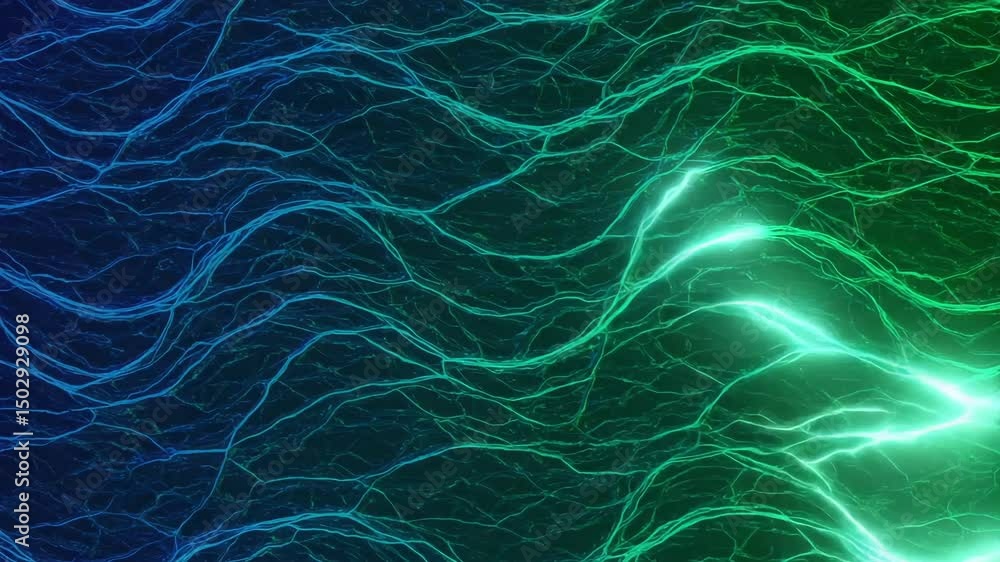 Poster animated neural network glowing with electric pulses in dynamic colors
