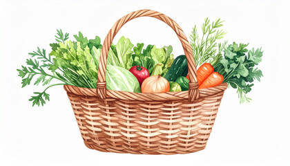 Watercolor Vegetable Bounty: A Wicker Basket Overflowing with Fresh Garden Produce Illustration