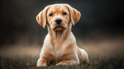 Adorable Labrador Retriever puppy sitting on grass with a blurred natural background, showcasing a cute young dog with friendly eyes and soft fur in outdoor setting