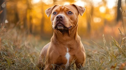 Adorable brown puppy dog sitting in a vibrant autumn forest surrounded by colorful fall leaves with a curious and attentive expression on its face