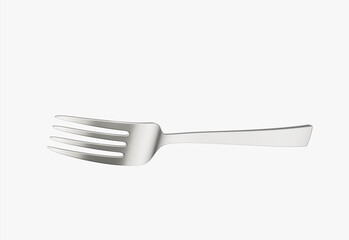 A sleek stainless steel fork with a reflective finish and a slightly curved handle. 3D Illustration