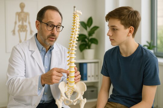 Orthopedic doctor explaining spine anatomy to teenage boy using a spine model. Educational scene in medical office. Concept: posture education, spine health, pediatric orthopedics, anatomy lesson