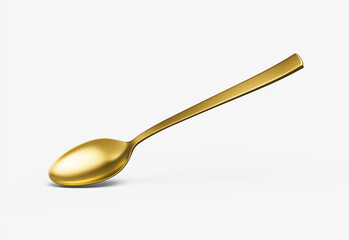 A shiny golden spoon with a reflective surface, slender handle and oval bowl. 3D Illustration.