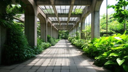 Arched trellis walkway with lush greenery and sunlight