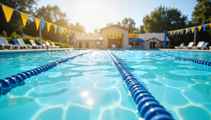 Freshly prepared public pool with sunlit water, inviting summer relaxation