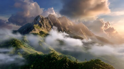 Naklejka premium Majestic Mountain Peak Shrouded in Fog at Sunset