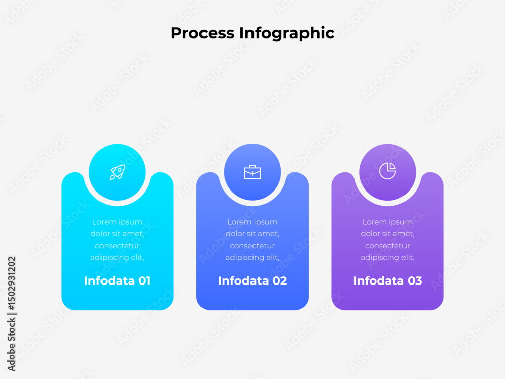Aufkleber Infographic showcasing three distinct steps in a process, each featuring vibrant colors, unique icons, and labeled text sections for conveying structured business or educational content