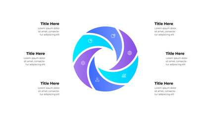 Circular infographic with 6 steps, options or processes. Includes icons representing various concepts, ideal for business, strategy, and data visualization presentations