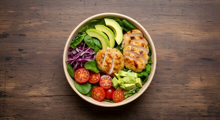 Overhead view of a bowl with grilled chicken avocado tomatoes and spinach on a wooden table top surface