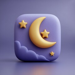 3D Rendering Moon and stars icon on a textured purple background, featuring a golden crescent shape and two stars. Sosial media style icon