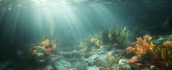 Fototapeta premium Underwater Scene, Sunlight Beams, Ocean Floor