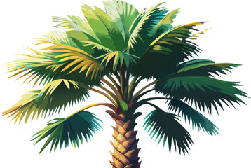 Wine Palm (Jubaea Chilensis) close up in the garden,
A watercolor depiction of a Chilean Palm (Jubaea chilensis), with a thick trunk and feather-like fronds, isolated on a white background.