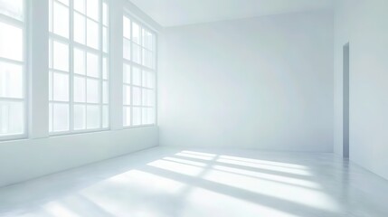 Fototapeta premium Minimalist white office corner with mock-up wall, clean and modern design, bathed in natural light. 