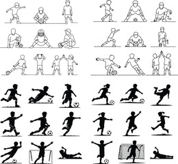 Kids Playing Football Silhouette Set – Soccer Boys & Girls Vector Pack Children Football Silhouettes – Fun Outdoor Sports Activity Graphic Set