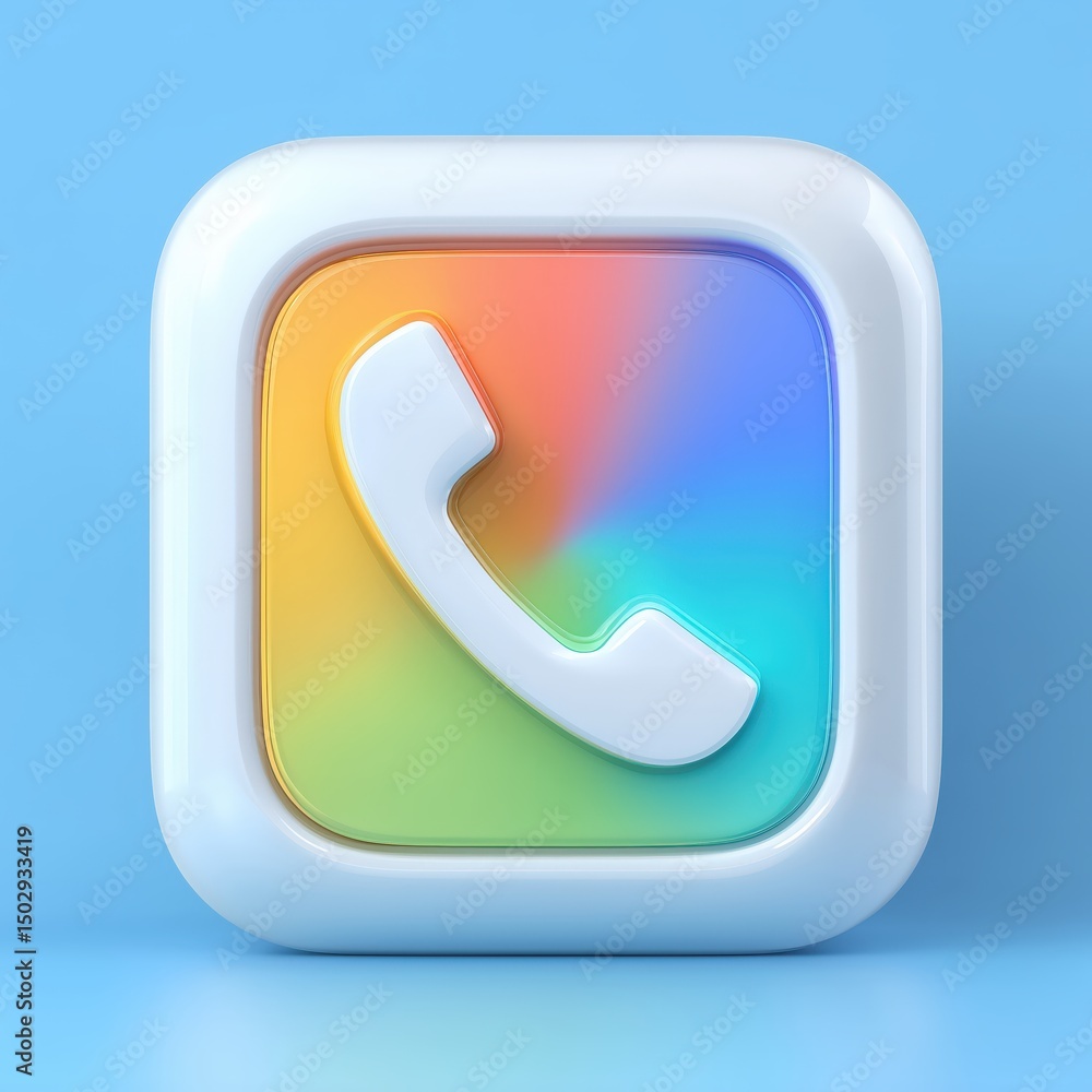 Poster 3d rendering colorful retro phone icon on a blue background, featuring a glossy finish and rounded e