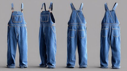 blank blue denim overalls mockup front side and back views, workwear and casual fashion templates
