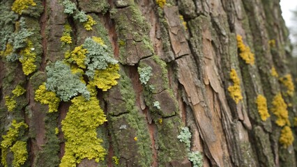 Obraz premium Closeup of Tree Bark Texture with Yellow and Green Lichen
