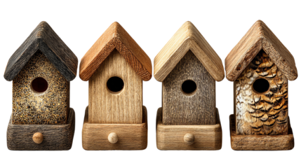 A collection of charming wooden birdhouses in various designs, perfect for garden decor.