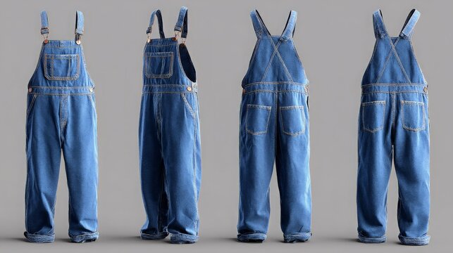 blank blue denim overalls mockup front side and back views, workwear and casual fashion templates
