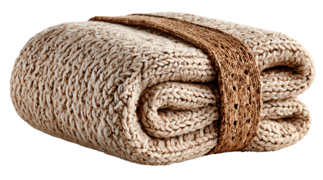 Cozy knitted blanket wrapped with a rustic strap, perfect for home decor and comfort.