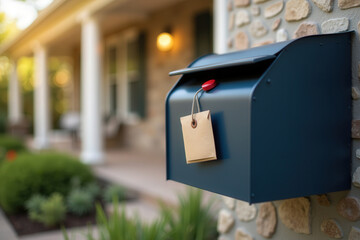 Mailbox with tag in suburban home setting