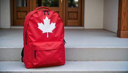 Red backpack with maple-leaf emblem on doorstep – Canada Day patriotic delivery gear