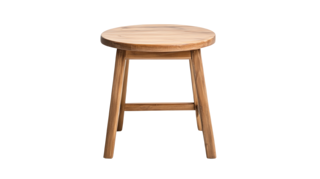 Simple wooden stool with a round top and natural finish, ideal for various interior settings on a white isolated background.