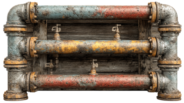 Rusty industrial pipes with colorful paint, isolated on a white background.