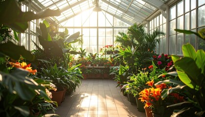 Greenhouse abundance showcasing diverse botanical specimens under glass roof