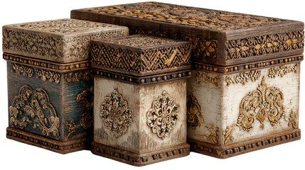 Three decorative vintage boxes with intricate designs and textures, isolated on a white background.