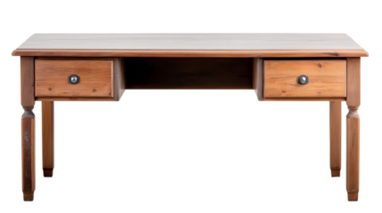 Wooden desk with two drawers, isolated on a white background.