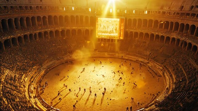 Gladiatorial Combat in Ancient Roman Colosseum Arena with Spectators and Bright Sunlight, Epic Battle Scene, Historical Recreation