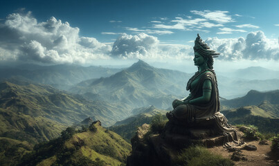 Green Tara, a towering green-skinned woman sitting on top of a mountain