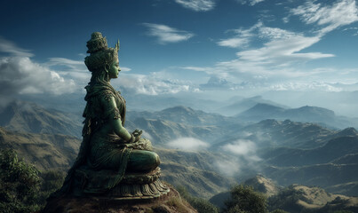 Green Tara, a towering green-skinned woman sitting on top of a mountain