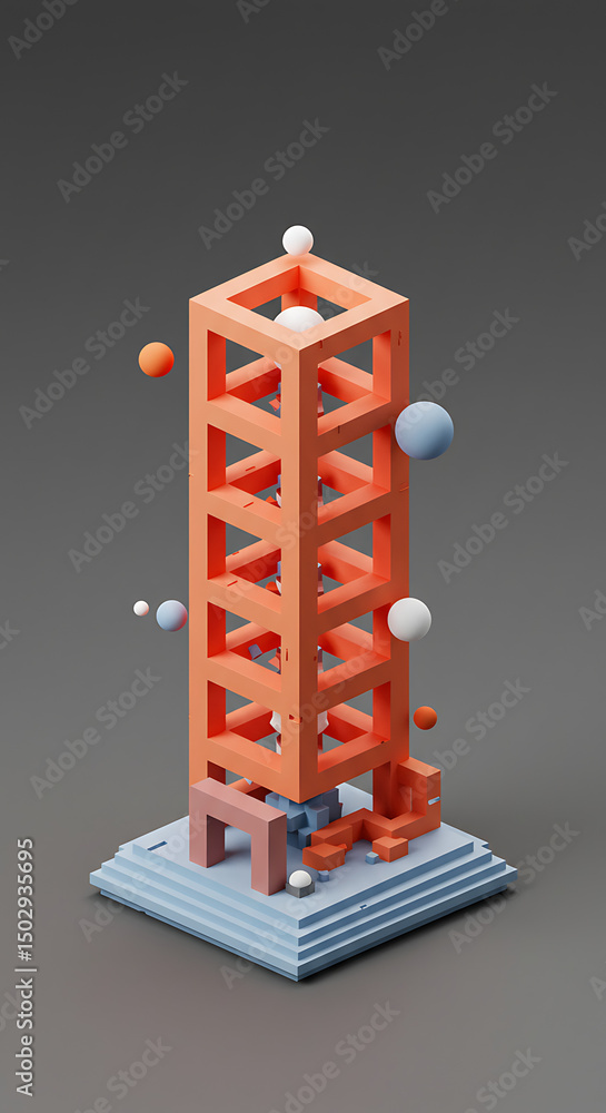 Poster abstract 3d render geometric orange structure with floating spheres minimalist design