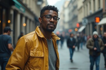 Naklejka premium Man in city street wearing yellow jacket with glasses