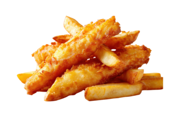 Crispy fish and chips piled high.