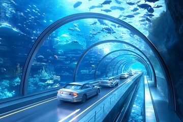 Underwater Tunnel Roadway With Cars And Fish