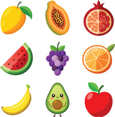 Cute Cartoon Fruit Icon Set – Colorful Vector Collection of Tropical and Fresh Fruits

