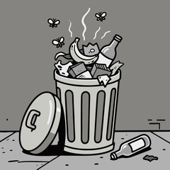 black and white cartoon-style vector illustration of a metal trash.ai
