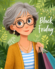 Cheerful elderly woman with shopping bags, excited shopping mood, against greenery, Black Friday