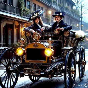 Two women driving on a snow cover road in an vintage car AI