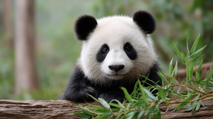 Calm Panda Eating Bamboo in Green Environment