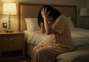 Tired and Sad Pregnant Woman, Exhausted Expecting Mom, Pregnancy Discomfort and Depression, Unwell Maternity Moment, Painful Pregnancy Symptoms Image